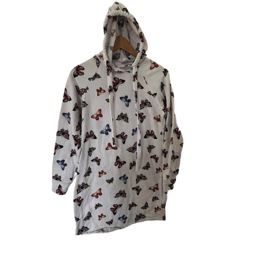 No Boundaries Womens Butterfly Print Fleece Hoodieโ Dress White Size M 7-9